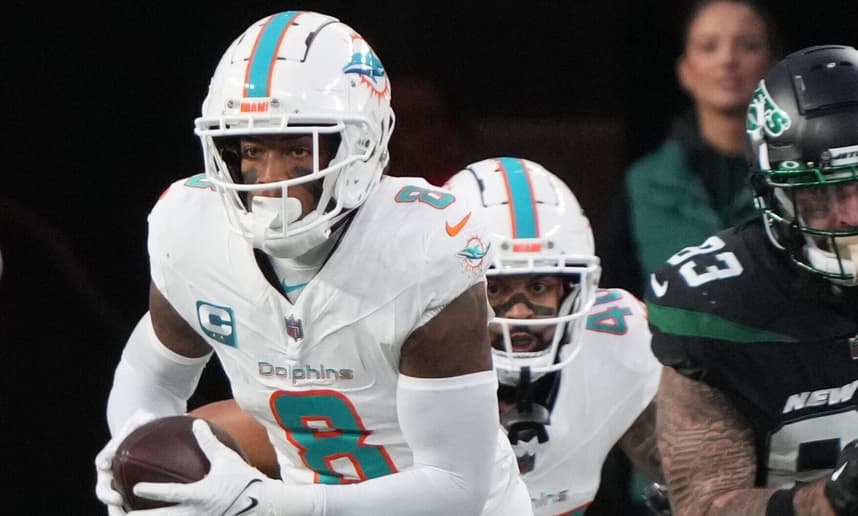 East Rutherford, NJ Ã¢â‚¬â€ November 24, 2023 -- Jevon Holland of Miami returned this interception for a 100 yard TD in the